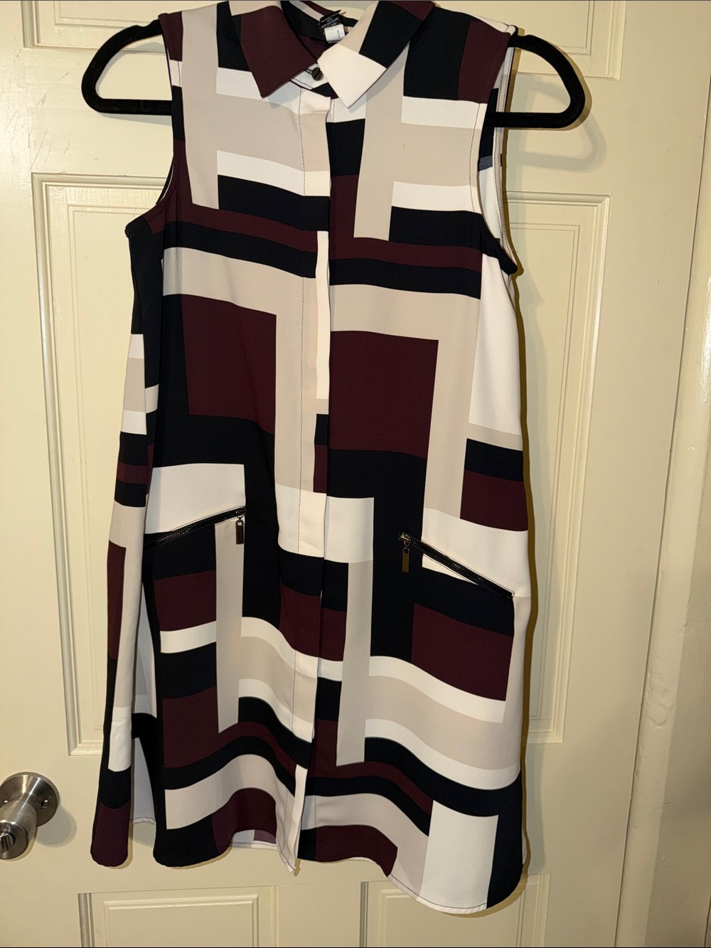 Alfani Sleeveless Geometric Shift Dress - Burgundy, Black & Cream